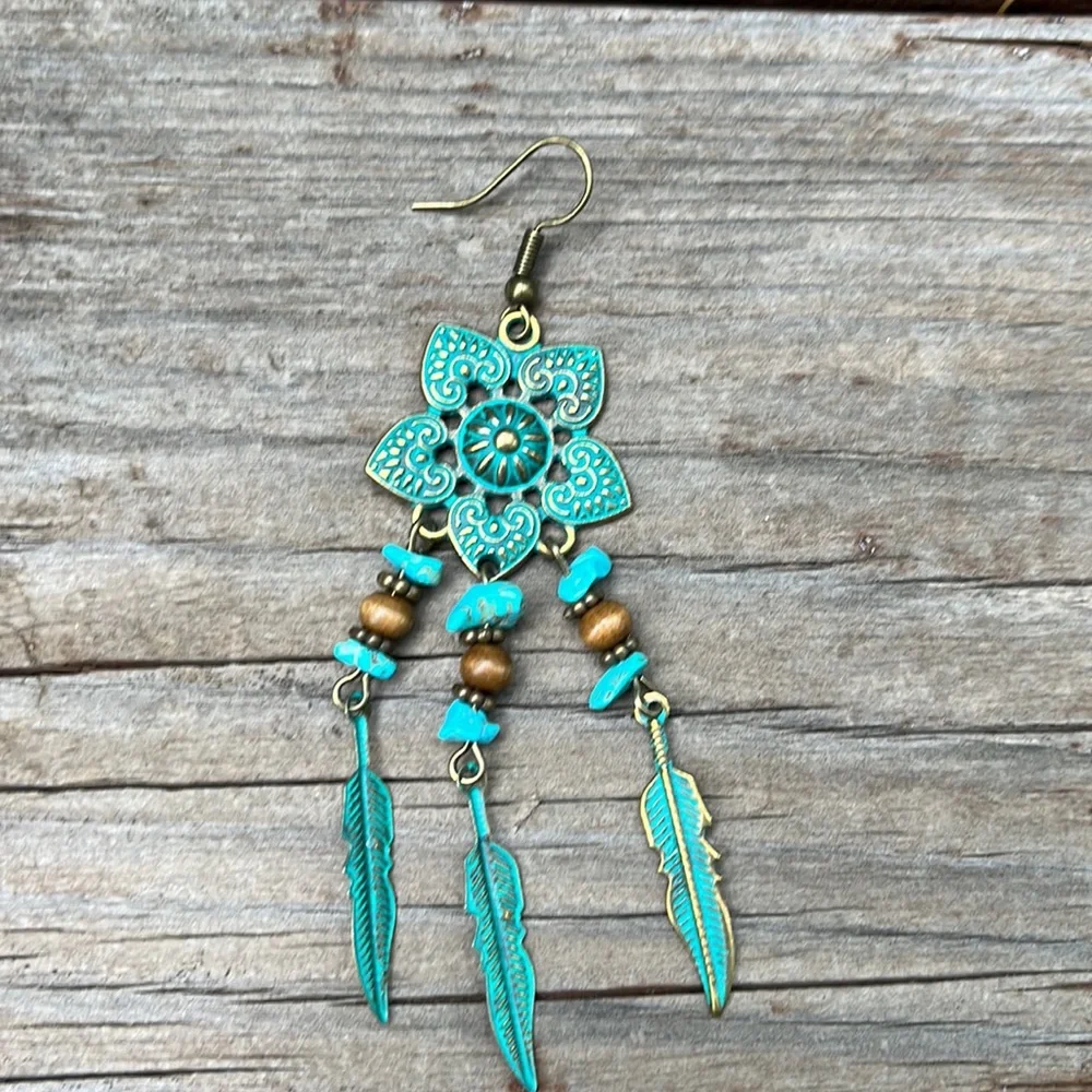 Boho Gypsy Stamped Metal Patina Drop Earrings - Picture 11 of 13